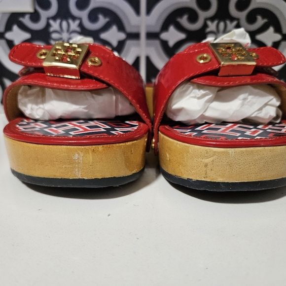 Tory Burch Dixon Patent Leather Wood Slides size 8 Womens Shoes Red Blue clogs - Picture 5 of 16